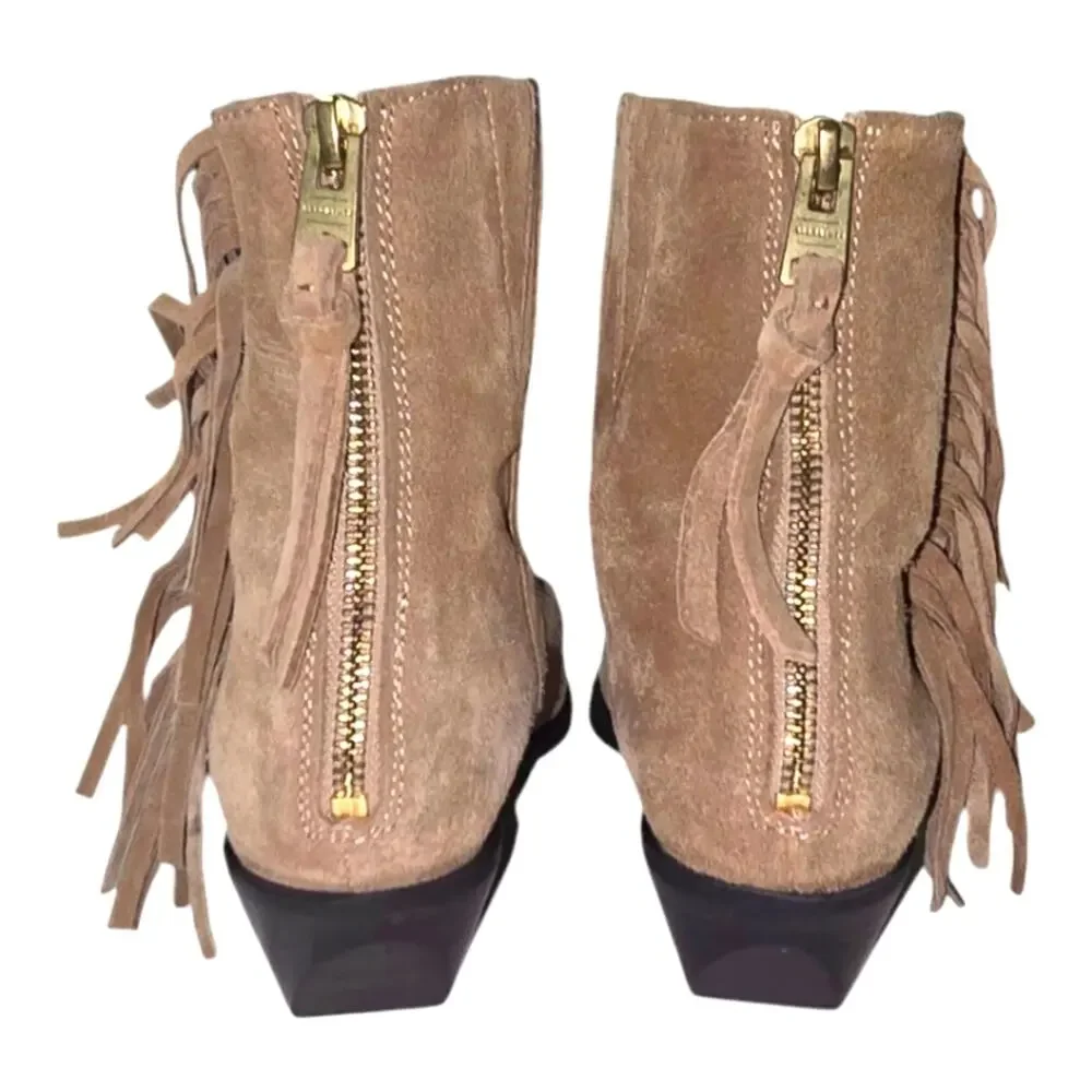 ALLSAINTS Layla Suede Fringe Bootie Cognac Sand BLOCK WESTERN‎ Boots 38 US 8